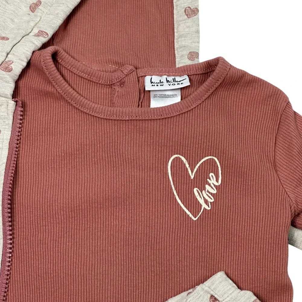 Nicole Miller 3pc Outfit Set Toddler Girls 3T Pink Heart Hoodie Tee Joggers